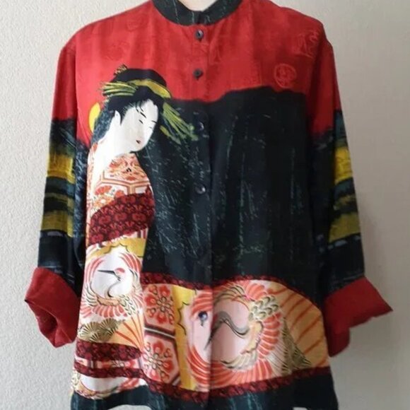 Chicos Button Up 100% Silk Shirt Asian Japanese Geisha Girl Birds M - Picture 1 of 6